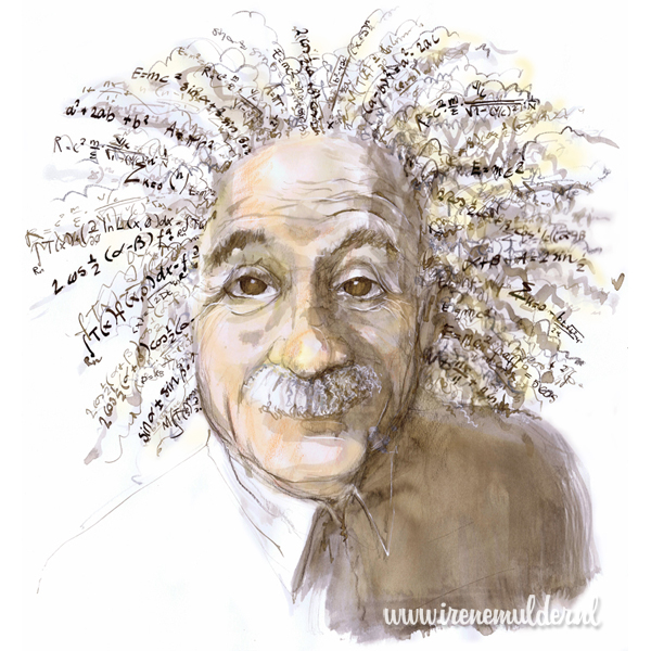 Aquarelportret van Albert Einstein met haren vol formules