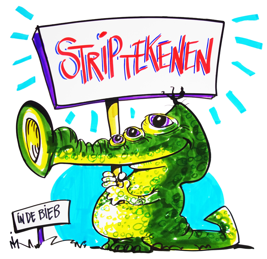 Een groen monster met 3 ogen dat een bordje vasthoudt met "Striptekenen". Dit moet het striptekenmonster voorstellen.