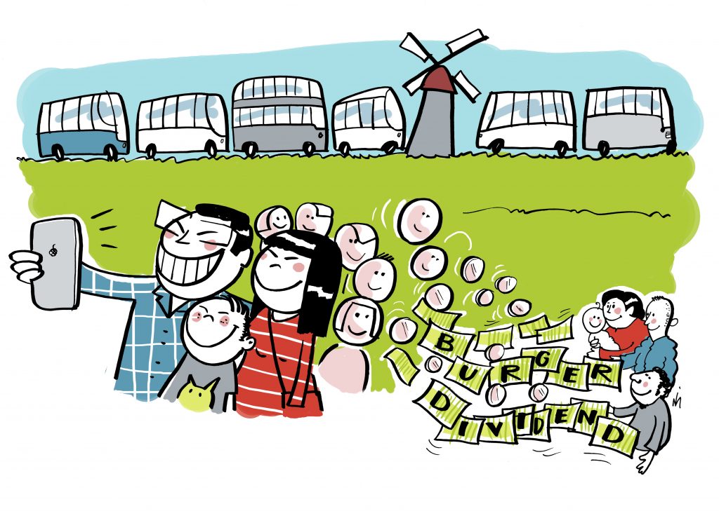 Tekening van Chinese familie die op Zaanse Schans selfie maakt