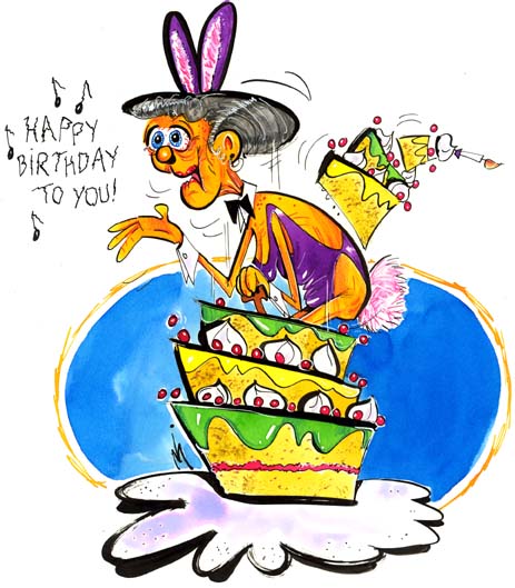 Cartoon van een taart waar een oude vrouw uit springt die Happy Birthday zingt.